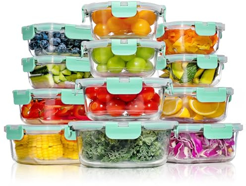 YASHE Set 12 Contenitori Vetro per Alimenti con Coperchi Ermetici, Senza BPA, Adatti a Microonde, Forno, Frigo e Congelatore, per Meal Prep, Verde