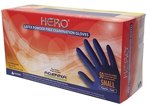 Adenna HER002 Hero 14 mil Powder-Free Latex Gloves, Extended Cuff, Medical Grade, Blue, Small, Box of 50