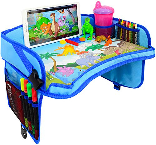 ecoZen Lifestyle Kinder-Reise-Tablett - Autositz-Tablett mit Getränkehalter, Mesh-Tasche, wasserdicht - Beschäftigt Kinder bei Reisen - Stabile & Bequeme Ausführung (Blau)