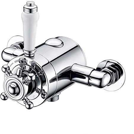 Traditional Exposed Dual Shower Mixer Valve Adjustable Classic Style Anti-Scald Thermostatic Device Single Shower Unit Outlet White & Chrome Shower Tap Attachment for Bathroom - 130mm/150mm - VM91
