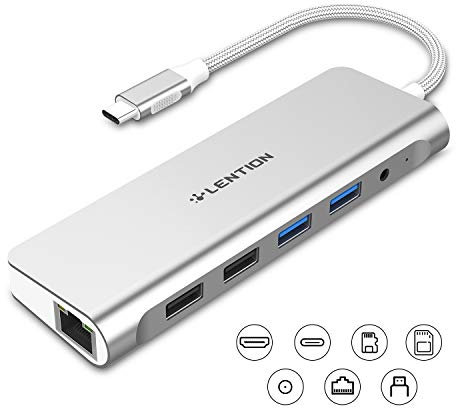 LENTION USB C Hub with 4K HDMI, SD 3.0 Card Reader, Gigabit Ethernet, Charging, USB 3.0/2.0 & Aux Port Compatible MacBook Pro 2025-2016, New Mac Air/Surface, More (CB-C69, Silver)