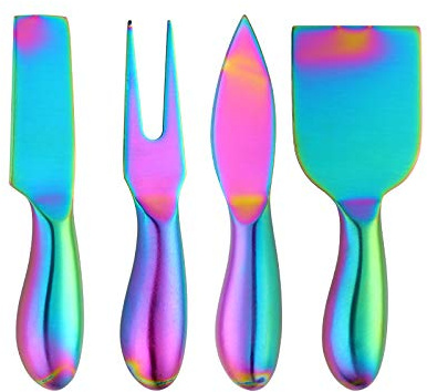 Meisha Set 5 Coltelli per Formaggio, Coltello da Formaggio in Acciaio Inossidabile con Placcato in Titanio, Portacoltelli in Acrilico Regalo Perfetto per Feste, Matrimonio, Natale - Arcobaleno