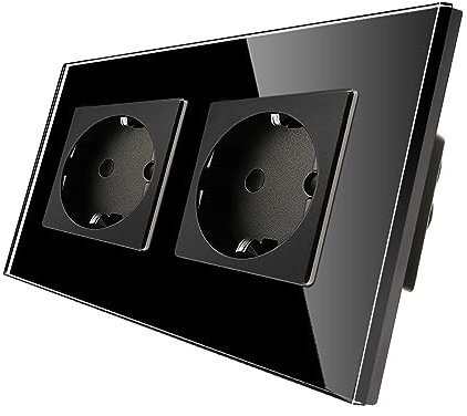 CNBINGO Glas Schuko Steckdose unterputz, Doppelsteckdose Schwarz, Wandsteckdose zweifach mit Glasrahmen