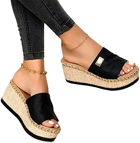 Osheoiso Damen Sommer Sandalen Lässige Flache Schuhe Plateau Flat Heel Elegant Espadrilles Römersandalen Pantoletten Peep Toe Flip Flop Schuhe Strandsandalen 40 EU A Schwarz