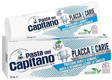 Pasta del Capitano, Dentifricio Placca e Carie Bio, Garantisce una Pulizia Profonda, Protegge Denti e Gengive, Soluzione Ideale contro Placca e Carie, 100% Made in Italy, Tubetto da 75 ml