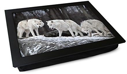 Extra Large Portable Lap Desk Tray (Three White Wolves) Wide Multi Purpose | Handmade Large Wooden Frame, Big Beanbag Cushion Bottom | Computers, Laptops, Meals, Food | 49.8cm | XL3 Black