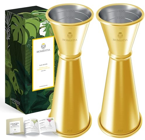Homestia 2PCS Double Jigger & Cocktail Jigger Stainless Steel 1 oz 2 oz Alchohol Measuring Tools, Japanese Jigger with Measurements Inside for Bartending - Bar Tools for Bartender (Gold)