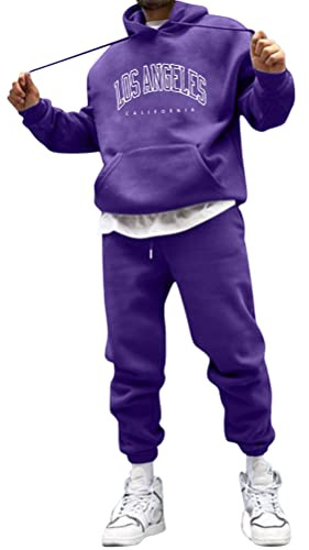 Minetom Tuta Uomo Sportive Completa Invernale Felpa con Cappuccio E Pantaloni Training Fitness Basket 2 Pezzi Tuta da Ginnastica A Viola M