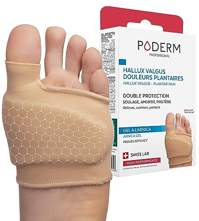 PODERM – HALLUX VALGUS/DOULEURS PLANTAIRES DOUBLE PROTECTION GEL ARNICA BREVETÉ - Orthèse Pied – Amortit/Soulage immédiatement la douleur – Anti callosité - Actifs 100% Naturels – Swiss Lab