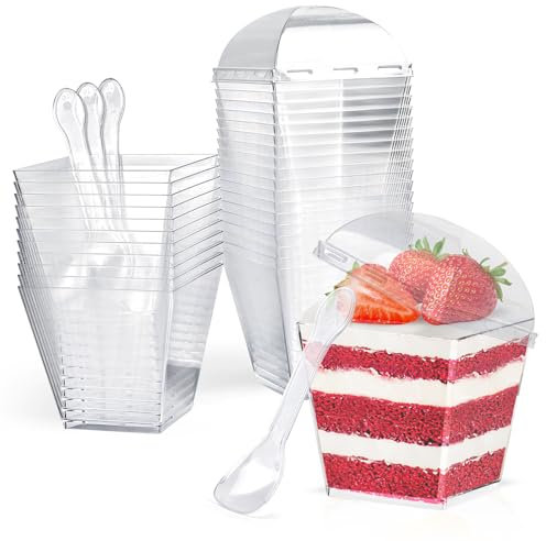 CoKeeSun 60 Pezzi Tazze Bicchieri da Dessert con Coperchio e Cucchiaio, 7 oz/200 ml Coppette da Dessert Quadrate, Bicchierini Finger Food, Riutilizzabili Monoporzione Budini Mousse Tiramisù