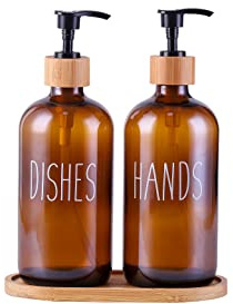 Glass Kitchen Soap Dispenser Set with Tray by Brighter Barns - Hand and Dish Soap Dispenser for Kitchen Sink - Glass Soap Dispenser - Modern Boho Farmhouse Kitchen Decor (Brown)