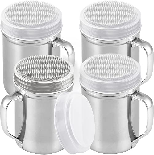 CUSINIUM 14 Ounce Powdered Sugar Shaker Duster With Handle - Fine Mesh - With Plastic Cap - Pack of 4