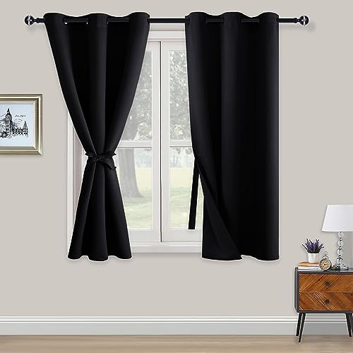 XWZO Blackout Curtains Shades Window Curtain Panels with Tiebacks- Noise Reduction and Thermal Insulated Eyelet Curtains for Bedroom,Living Room,Office,Study Room Black W46xL54