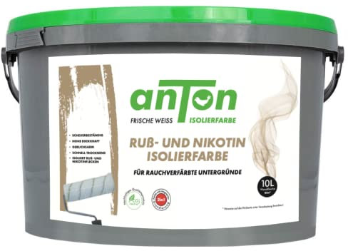 Anton Ruß- und Nikotin Isolierfarbe 17,5 Kg | Geruchsbindend | deckt beim ersten Anstrich | Spezialfarbe zum Abdecken von Ruß-und Nikotinflecken | 80-90m² | auch für Kachel- und Kaminöfen