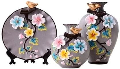 HXSCOO 3Pcs/Set Ceramic Vase 3D Stereoscopic Dried Flowers Arrangement Wobble Plate Living Room Entrance Ornaments Home Decorations (Color : C)