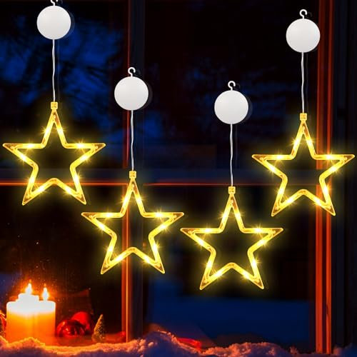 PhilzOps Fenster Weihnachtsbeleuchtung, 4 Stück 10 LED Fensterdeko Sterne Lichterkette Innen Batteriebetriebene Timer mit Saugnäpfe Weihnachtsstern Lichter für Zimmer Garten Tür Aussen Party, Warmweiß