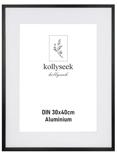 kollyseek Bilderrahmen Aluminium 30 x 40 cm Schwarz Metall Posterrahmen mit bruchsicherem Acrylglas modern Fotorahmen Picture Frame mit Passepartout für Bilder Poster Fotos schwarz