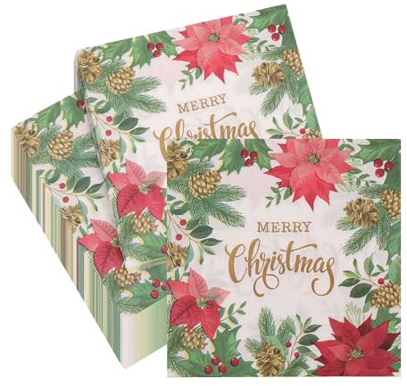 WedDecor 2Ply Traditional Christmas Paper Napkins Poinsettia Pack of 100, 33cm Square Paper Serviettes for Xmas, Boxing Day, Winter Christmas Dinner Party Decorations | Completes Place Settings for Banquets Buffets Receptions Family Meals Seasonal Gatherings and Everyday Entertaining