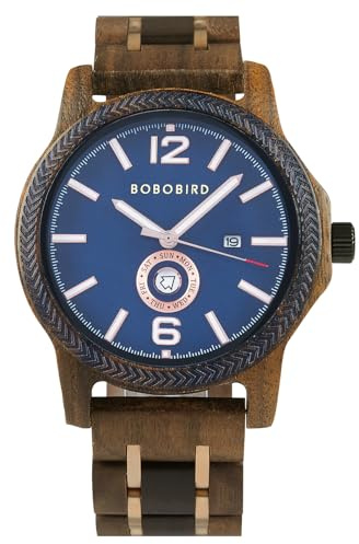 GUANKE Men Wooden Watches Week & Date Display Quartz Watches Handmade Casual Multifunction Wood Wristwatch for Men Light Luminous Watch (Blue)