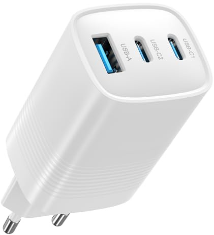 Cargador USB C 65W, PD USB C 3-Puertos Cargador Tipo C Carga Rapida con GAN PPS USBC Enchufe Adaptador USB Charger Compatible con MacBook Pro/Air, iPad, iPhone 17/16, Galaxy S25/S24/S23 (65W Blanco 1)