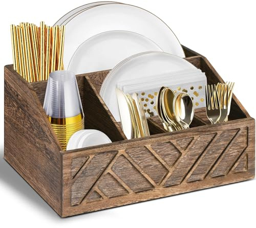Ukonvi Paper Plate Dispenser, Paper Plate Holder for Kitchen Counter, Wood Rustic Silverware Utensil Caddy, Cutlery Flatware Organizer Box for Cups Spoons Forks Plates Napkins, Kitchen Accessories