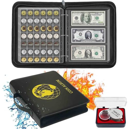 Fireproof Coin Currency Collection Album Book for Collectors, 360 Pockets and 15 Sleeves Paper Money Collecting Album for Coin Currency Collection Supplies, Stamp, Bill