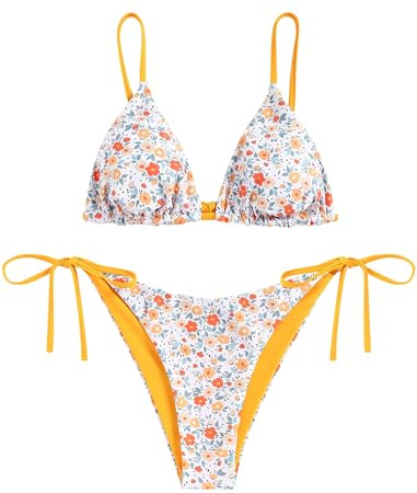 ZAFUL Damen Gepolstert Bikini Set, Reversible Blumenmuster Bikini Badeanzug mit Dreieck Cup Spaghetti-träger (3-Gelb-Blumen,XL)