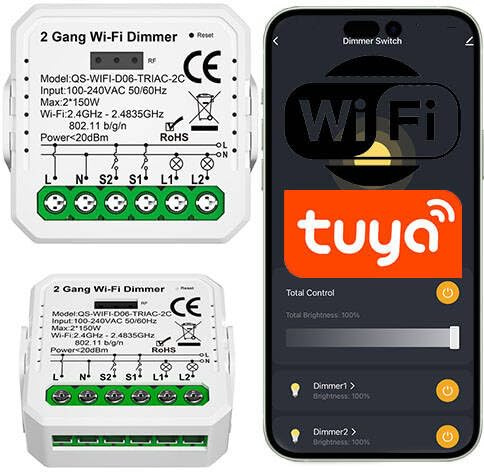 Sone Smart One 2-Kanal WiFi Dimmer Tuya, 150W pro Kanal, TRIAC kompatibel, Smart Dimmschalter für LED Lampen, Steuerung mit Alexa, Google Home & Tuya App,