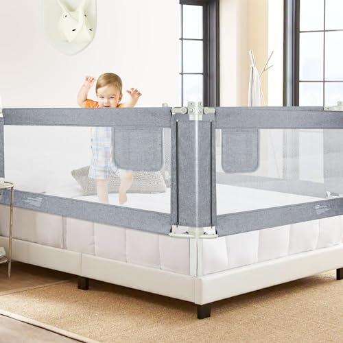 Kidsgigglz Bettgitte 200cm, Rausfallschutz Bett,Kinderbettgitter für Kinder Baby, Bettschutzgitter mit Vertikaler Hebe und Fallschutzfunktion,Verstärktem Ankersicherheitssystem, Boxspringbett, Grey