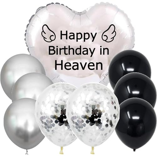 Nine Happy Birthday in Heaven Balloons with String, Silver Balloon Heart-Shaped for Cemetery, Outdoors, Garden Yard, Memorial Grave Markers, Memorial Balloon, Bouquet Topper, Wreath Topper
