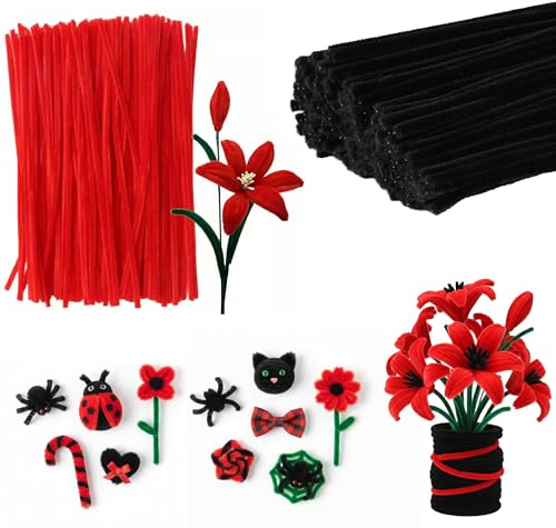 Pfeifenputzer Zum Basteln Set mit 300 Stück Pfeifenputzer Bunt mit 200 Stück Pfeifenreiniger Rot & 100 Stück Schwarz,1 Grün Klebeband, 20 Grüne Blumenstäbe für Halloween, DIY Handwerksprojekte