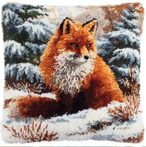 Taxpy Animal Latch Hook Cushion Kit, Fox in The Snow Knitting Kits Cushion, 43X43Cm/17X17 Inch Rug Making Kit for Starters, Latch Hook Kits for Beginners Adults Or Children