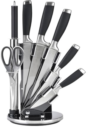 QDESIGN Porte-couteaux acrylique rotatif à 360° + 7 ustensiles de cuisine – Lames en acier inox 3CR14 + poignées douces au toucher- 5 couteaux + ciseaux + bloc de base + fusil à aiguiser– Noir/Argent