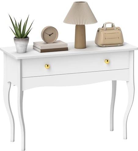 HOMCOM Consolle Ingresso Elegante con Ampio Cassetto Portaoggetti, Tavolo Consolle in Legno con Gambe Curve, Tavolino Ingresso per Camera da Letto, Moderno, 100x40x74 cm, Bianco