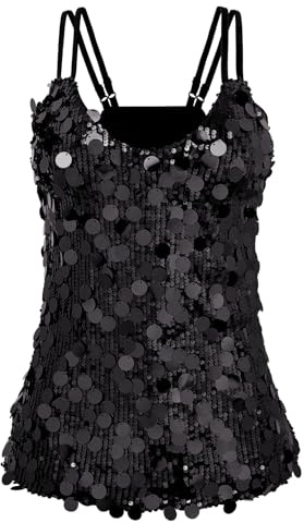 WERFORU Women's Sequin Tank Tops Fashion Sleeveless V Neck Camisole Sparkle Strappy Halter Shirt for Party Concert Black