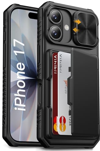 Vihibii for iPhone 17 Case with Card Holder (4 Cards), Black | Slide Camera Cover, Military Drop & RFID Protection, Heavy Duty, Shockproof, Silicone Wallet Phone Case for iPhone 17 6.3