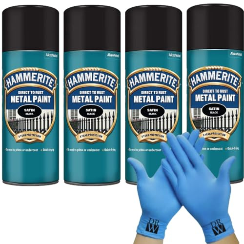 Hammerite Direct to Rust Metal Spray Paint Satin Black 4X 400ml + Free Nitrile Gloves | Fast-Drying Aerosol, Durable Rust Protection for Indoor & Outdoor Metal