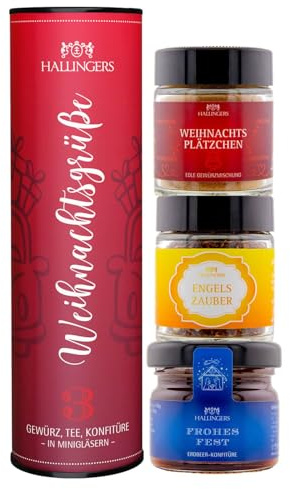 Hallingers Genuss Manufaktur Feinkost Weihnachts-Geschenk-Set - 3 Minigläser in edler Geschenkdose Weihnachtsgrüße veganes Mitbringsel Tee, Konfitüre & Gewürz, Weihnachten für Frauen Männer
