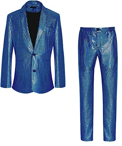 Bauzuoyo Traje brillante para hombre metálico brillante de manga larga blazer de los años 70, trajes de discoteca, chaqueta y pantalones de 2 piezas, para fiestas, carnaval, bodas, fiestas temáticas