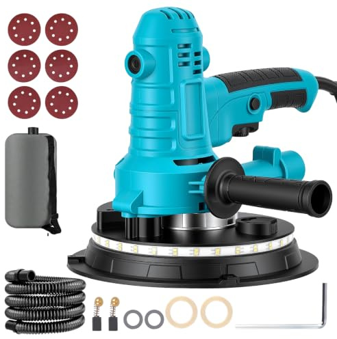 Electric Drywall Sander with Vacuum, 800W 180mm Wall Sander with Dual Dust Extraction, 1200-2300RPM Variable Speed, 360° Rotating Straight Edge for Corners, LED Light, 6 Sandpapers & Dust Bag