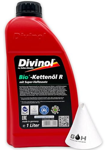 Divinol Bio Kettenöl R | 1 L | biologisch abbaubares Sägekettenöl | haftstark für Motorsägen | Artnr. 21820 | Kettensägen Forstgeräte mit Trichter