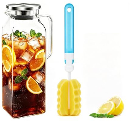 Glaskaraff 2 liter, vattenkaraff med lock, hög borosilikat, tekanna glas med pip och sil, vattenkanna kvadratisk karaff glas för kallt varmt vatten iste (kvadratisk)