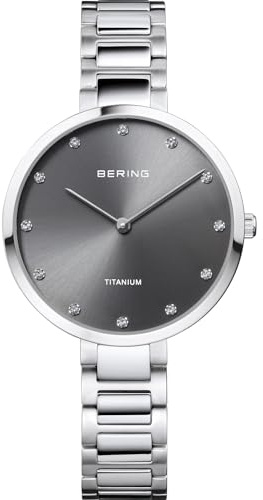 Bering Damen Quarz Uhr | Armbanduhr 34 mm Titangehäuse und Zifferblatt | Titanband mit Titanelementen | 5 ATM | 11334