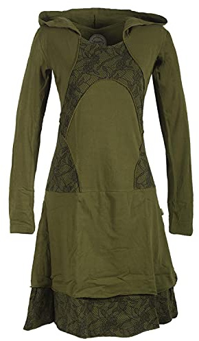Vishes - Alternative Bekleidung - Damen Langarm Lagenlookkleid aus Baumwolle mit Zipfelkapuze Olive 38