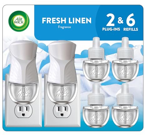 Air Wick Plug in Scented Oil Starter Kit, 2 Warmers + 6 Refills, Fresh Linen, Same Familiar Smell of Fresh Laundry, Eco Friendly, Essential Oils, Air Freshener