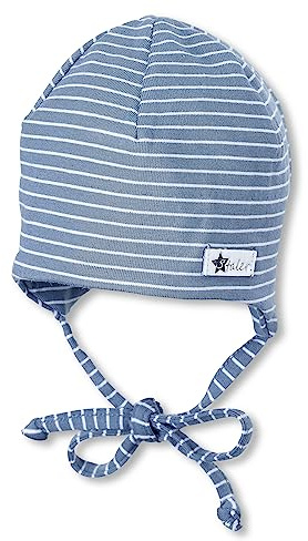 Sterntaler OCS Beanie Baby Mütze mit Bindeband, gestreifter Bio-Singlejersey, Unisex, samtblau, Größe 47, weich gefüttert, aus 95 % Bio-Baumwolle, GOTS-Zertifiziert