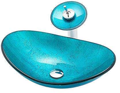 HomeLava Aufsatz-Waschbecken Handwaschbecken Glas Gäste WC Waschbecken Waschtisch Set mit Wasserfall Wasserhahn Oval Blau