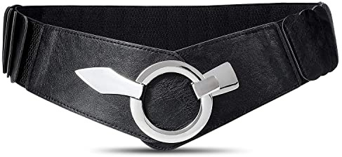 Damen Breiter Elastischer Taillengürtel, Mode Vintage Hüftgürtel mit Silberner Ring-Schließe, Schwarz, S