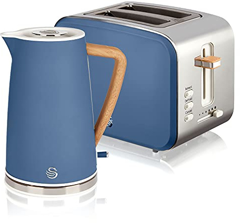 Swan Nordic Set Desayuno Bouilloire sans fil 1,7 L 2200 W Grille-pain à fente large 2 tranches 3 fonctions Design moderne Effet bois Bleu mat