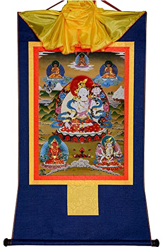 Gandhanra Thangka Tibetische Wandbehang,Weiße Tara Thangka,Heißgeprägter Buddha Wandteppich für Zen Wohnkultur, Meditation, Spirituelle Entspannung und Ruhe